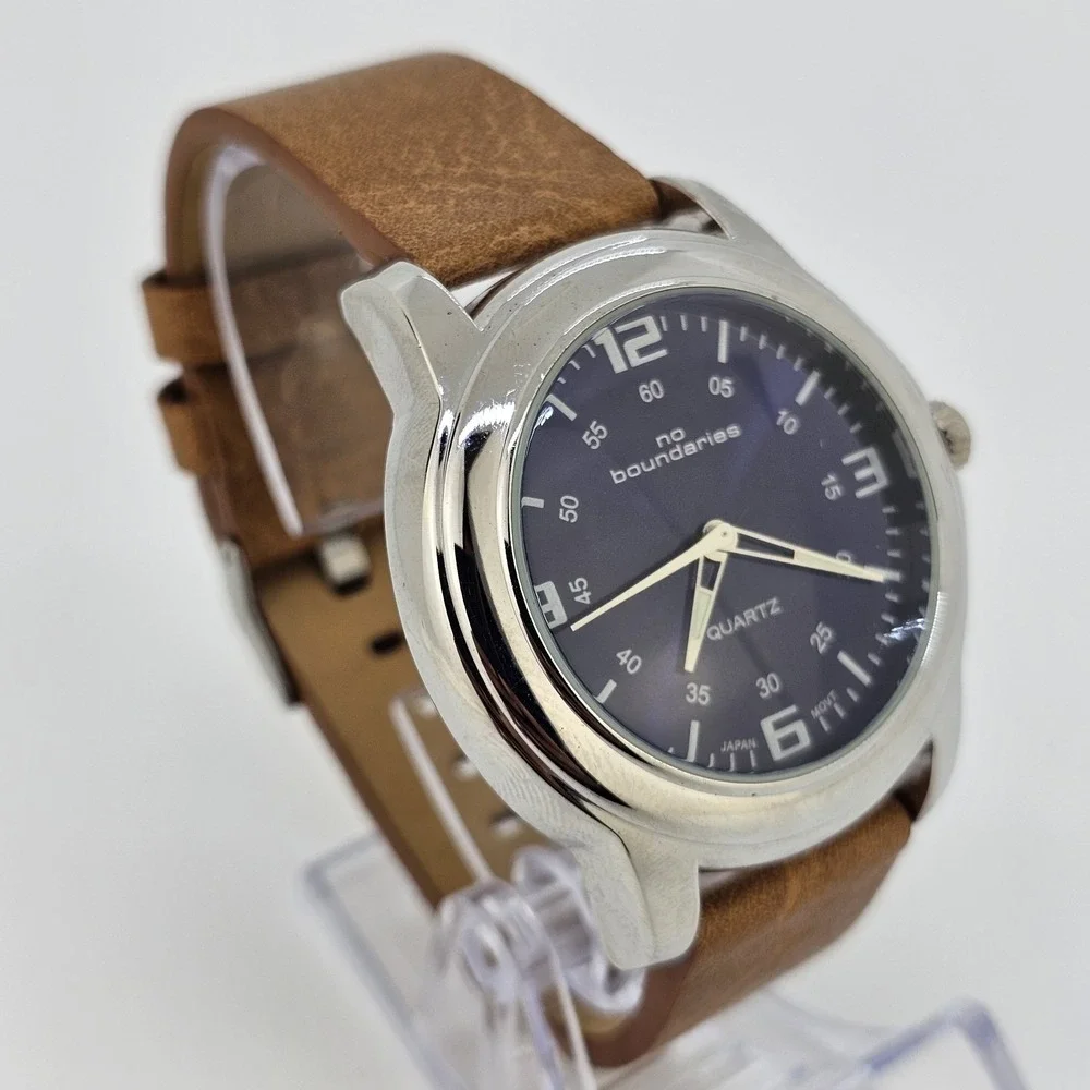 No‎ Boundaries Men's Watch 44MM Purple Dial Brown Leather Bands New Battery